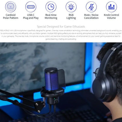 Wholesale FEELWORLD VM1 USB Condenser Gaming Microphone for Streaming Noise Cancellation Mute RGB Light Boom Arm Stand