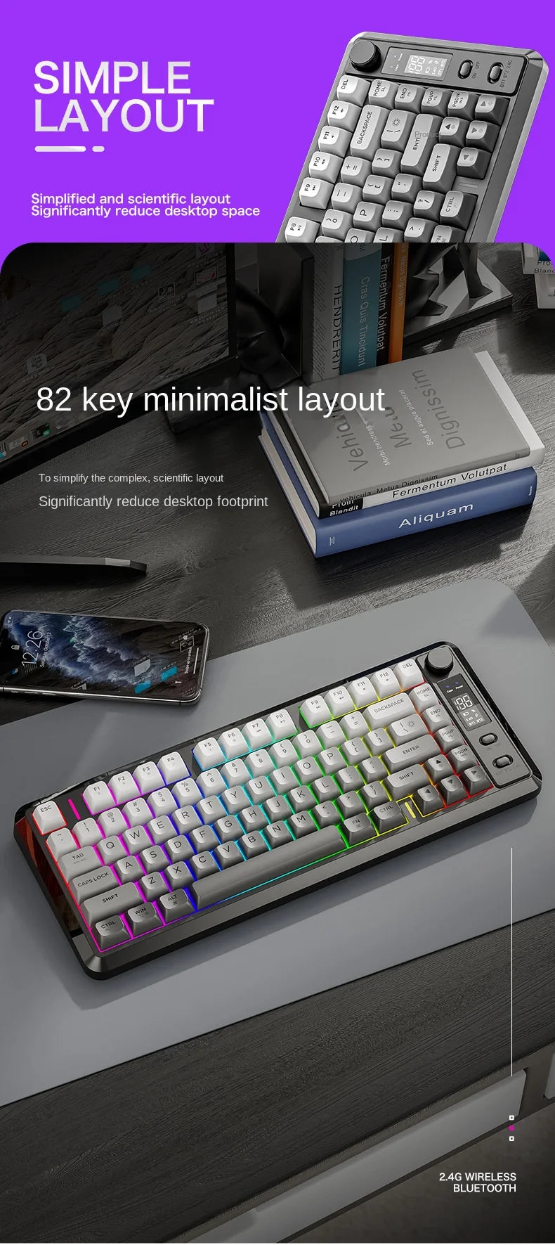 Free Wolf M75 Wireless Dual-Mode Mechanical Membrane Keyboard 87 Keys RGB Backlit Gaming E-Sports Office Use USB-C PBT