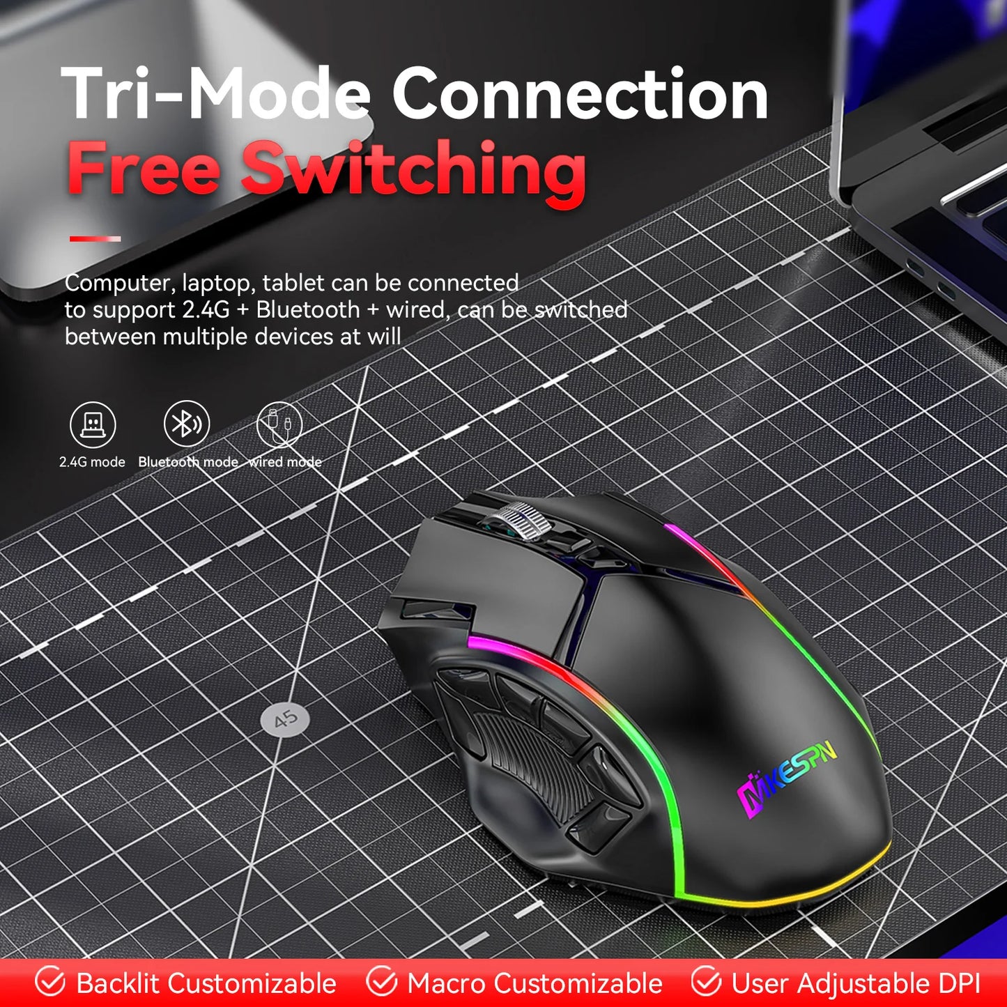 MKESPN W605 Wireless Three Mode Macro Defines Gaming Mouse Full Speed 12 Keys 24000DPI Gaming Mouse Programmable