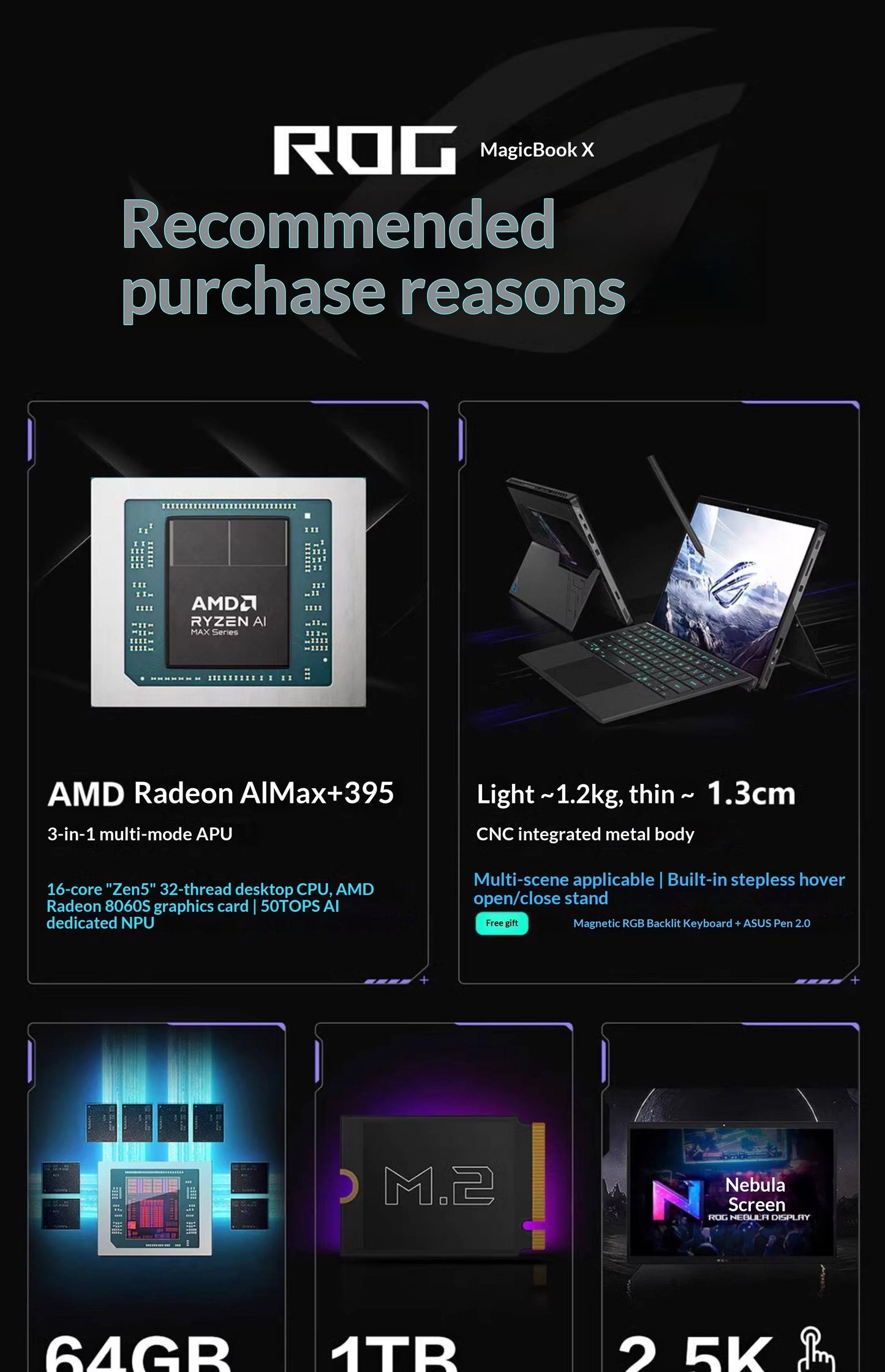 For ROG Zephyrus X 2025 Ryzen AI MAX 13.4 Inch Touch Two-in-One Gaming Laptop 2560x1600 SSD