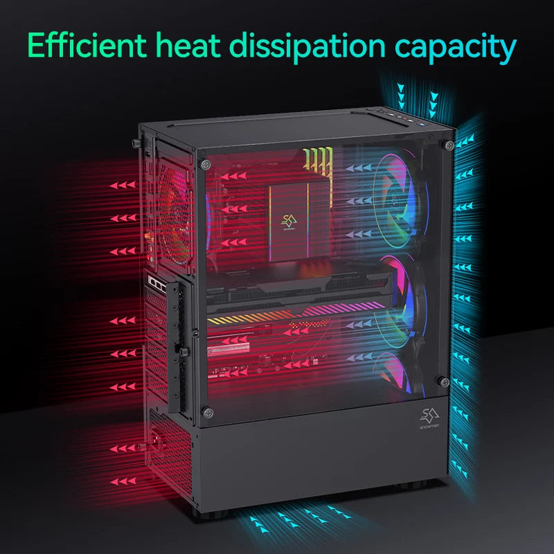 Snowman ATX Mid Tower Gaming Chassis Aluminum Alloy Tempered Glass Side Panel Optimized Airflow