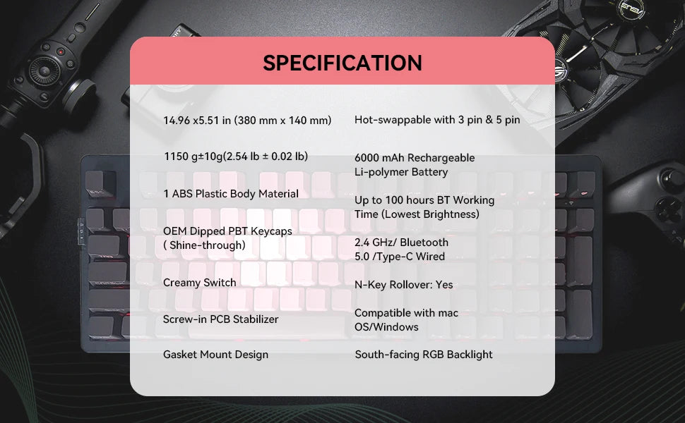 Zornher ZH980 Pink Rosebush Side Engraved Mechanical Keyboard 2.4Ghz Wireless for RGB Backlit Programmable Gaming Office