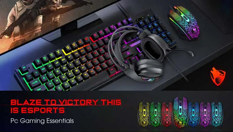 Hot Sale 4 in 1 Portable Wired Gaming Keyboard and Mouse Mousepad Headphone 4 in 1 Combos LED Light Gaming Set for Computer