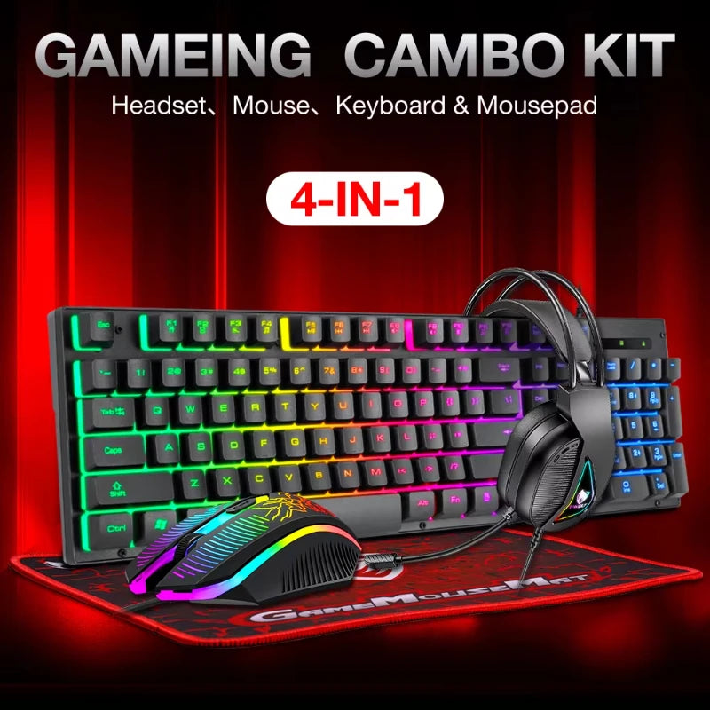 Hot Sale 4 in 1 Portable Wired Gaming Keyboard and Mouse Mousepad Headphone 4 in 1 Combos LED Light Gaming Set for Computer