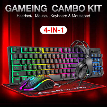 Hot Sale 4 in 1 Portable Wired Gaming Keyboard and Mouse Mousepad Headphone 4 in 1 Combos LED Light Gaming Set for Computer