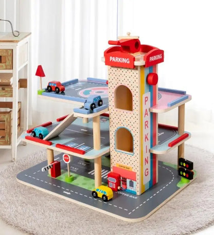 Kids Boys Wooden Cars Parking Lot Play Set Garage Educational Slot Toys