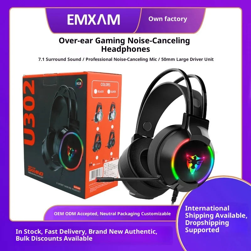 Computer E-sports Wired Gaming Headset Microphone 7.1 Channel RGB Luminous Leather Active Noise Hearing Aid Aviation