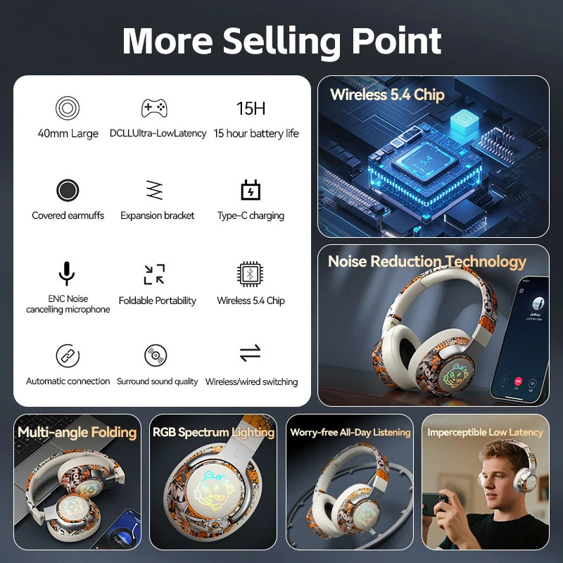 Soyto T12 Camo Graffiti Over Ear Headphones Headset Bluetooth 5.4 3D Surround Sound Lightweight Gaming Music for Teens Adults