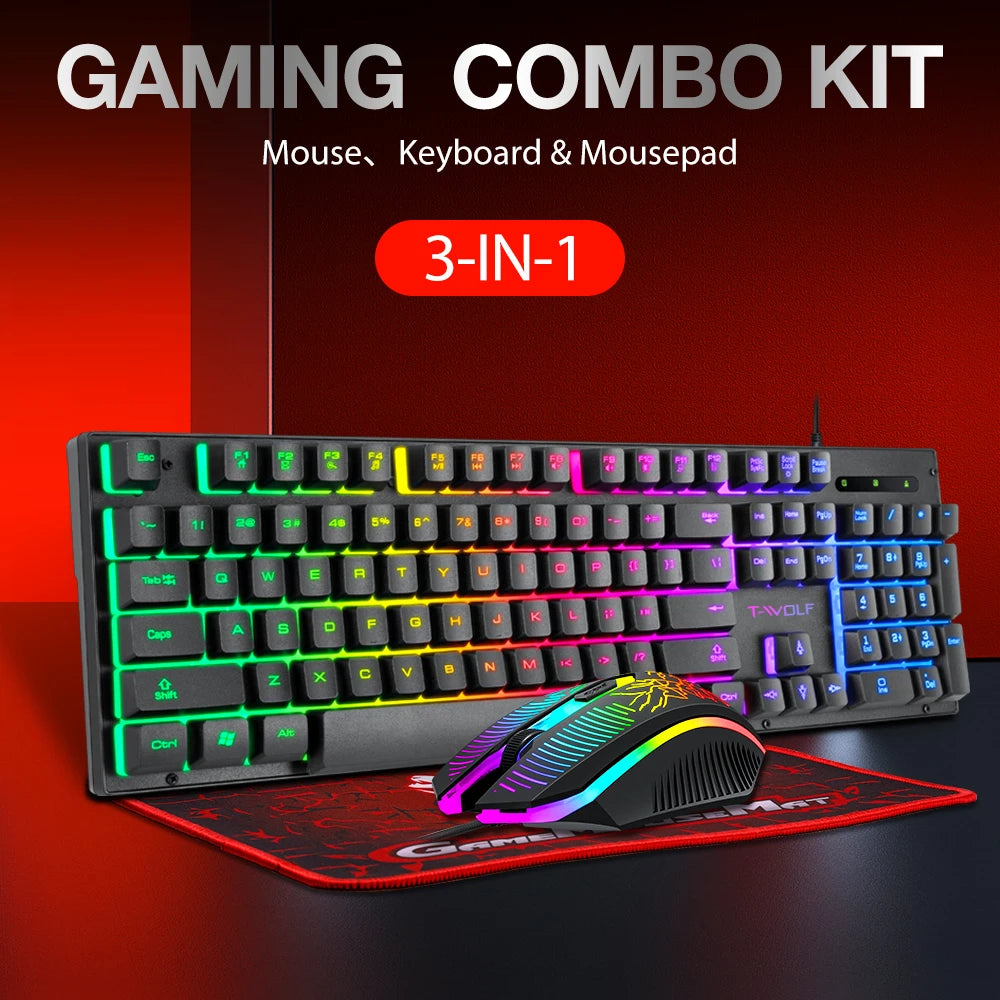 T-WOLF TF31 3IN1 Wired Gaming Keyboard and Mouse Mousepad Combo 104keys Backlit Gaming Keyboard 4D Gaming Mouse Mousepad for PC