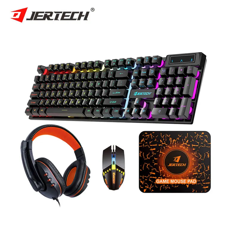 CT4-01 Gamers Combo Set Rainbow Backlit Wired Gaming Four-piece 4 in 1 Keyboard Mouse Headset Mouse Pad Combos for Computer