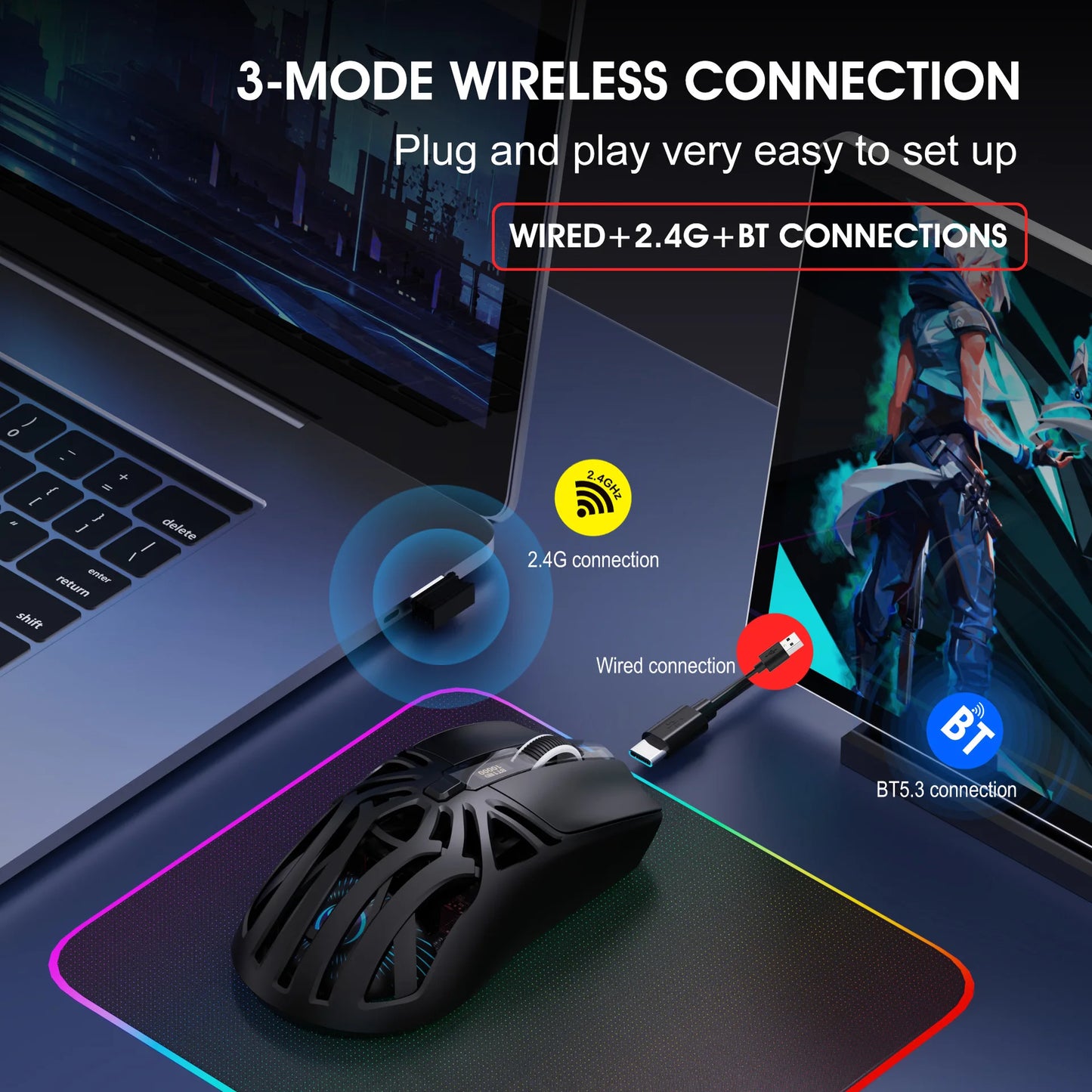 Hot 3 Mode Tri-mode Gaming Mouse Wireless Silent RGB Honeycomb Gaming Mouse Ergonomic 2.4G/BT/Wired E-sports Mice for PC