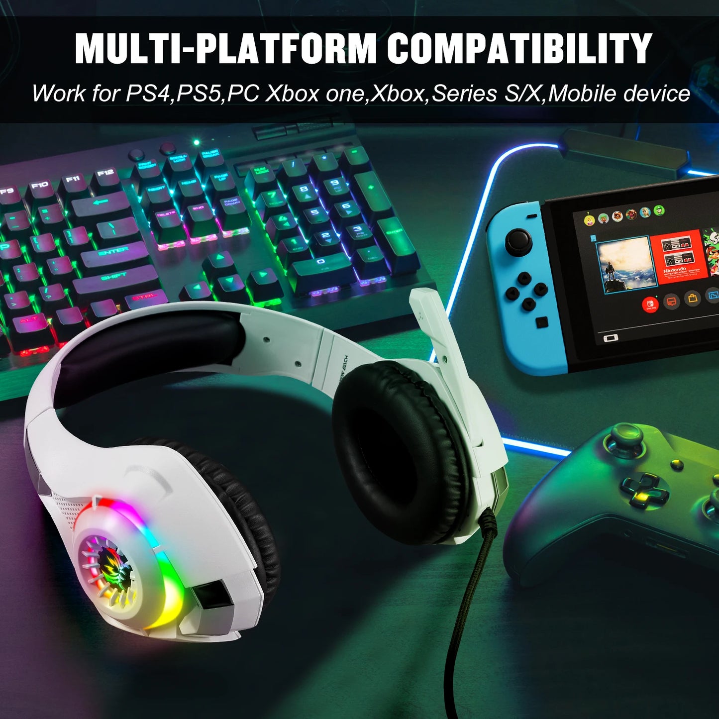 Wire Gaming Professional Sports DJ On-Ear Foldable Bass Mic HIFI Stereo Headset Headphones Microphone Wired RGB LED Leather