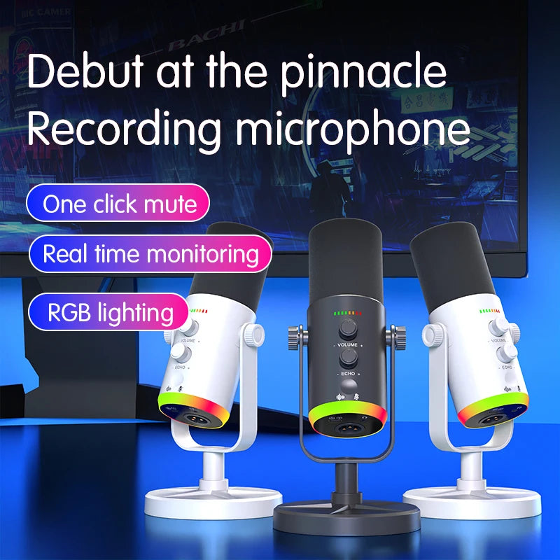 USB Plug RGB Wired Microphone Black & White Plastic Recording Studio Singing PC Gaming Streaming & Podcasting