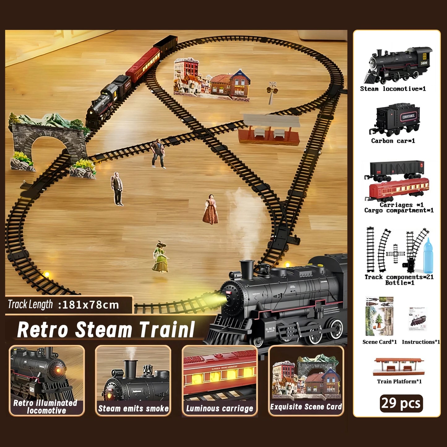 Classical Railway Train Slot Toys ABS Water Steam Locomotive Add Water to Smoke Electric Train Set with Light & Sound