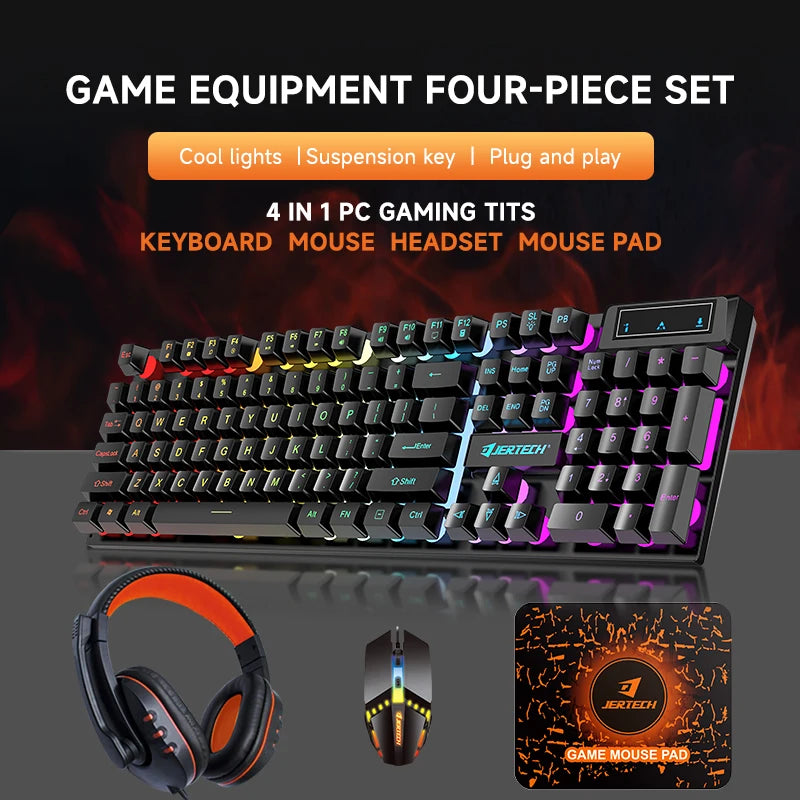 CT4-01 Gamers Combo Set Rainbow Backlit Wired Gaming Four-piece 4 in 1 Keyboard Mouse Headset Mouse Pad Combos for Computer