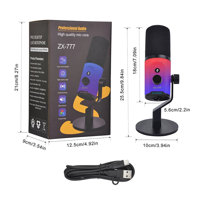 New Professional USB-C & USB-A Dynamic Cardioid Metal Gaming Microphone with RGB Lighting for Streaming Podcasting Recording