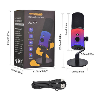 New Professional USB-C & USB-A Dynamic Cardioid Metal Gaming Microphone with RGB Lighting for Streaming Podcasting Recording