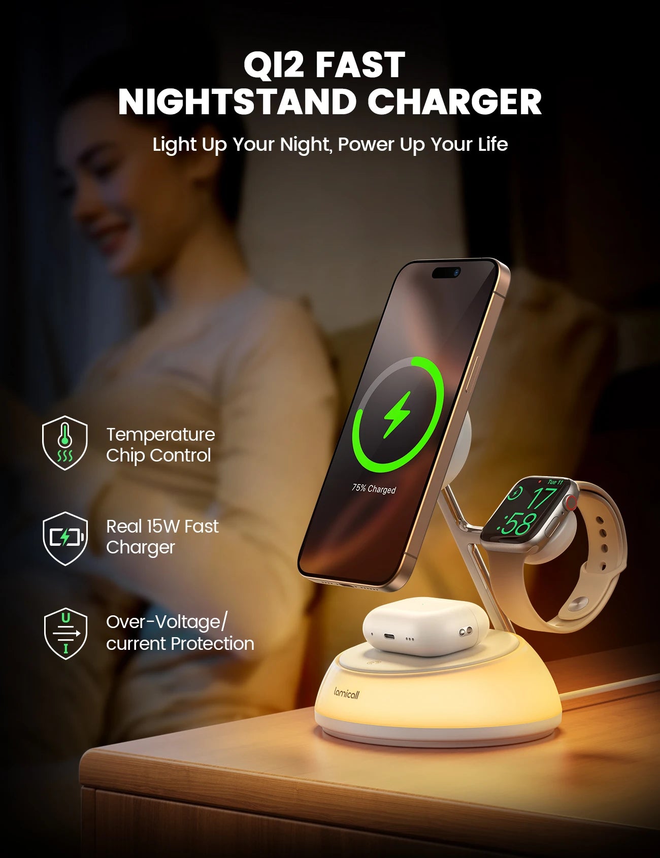 Lamicall T8L Qi2 Certified Wireless Charging Station 4in1 Magnetic Fast Wireless Charger Stand Night Light T7 Smart Phone Watch