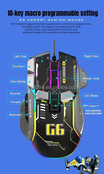 G6 Gaming Wired Mouse 12800DPI RGB Color Light USB Ergonomic Design Game Mouse for Computer Notebook PC Gamer Machine Mouse