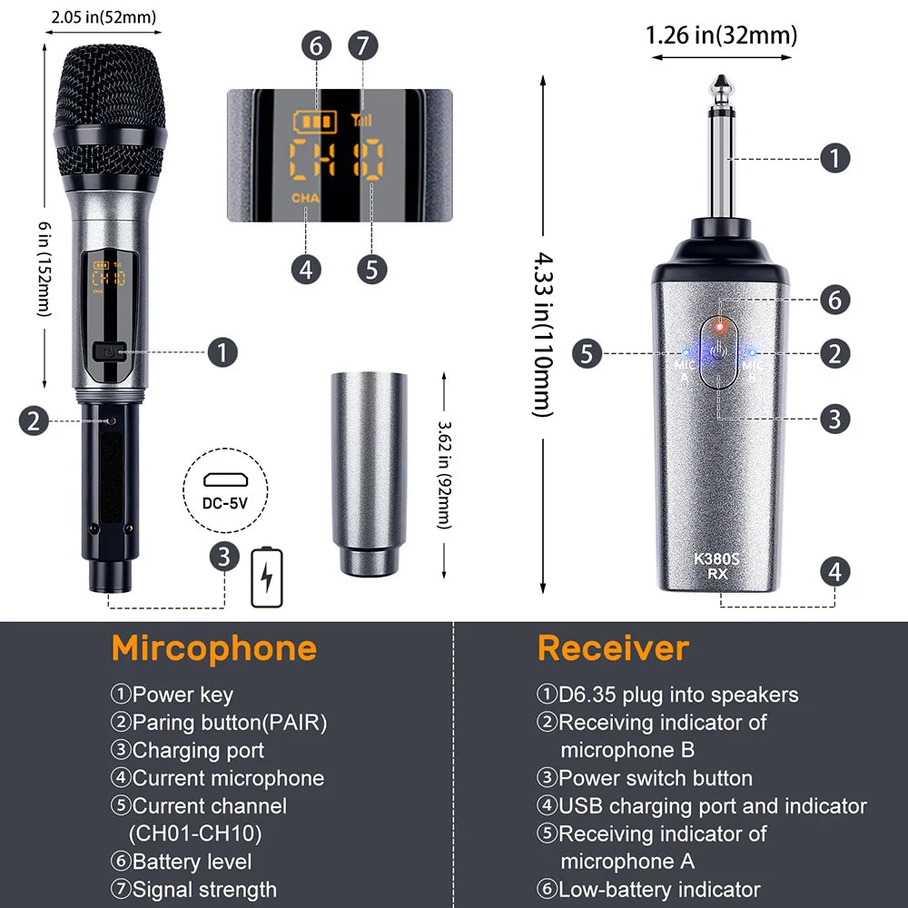 K380S Microphone Bundle Lapel Mic Microphone Video Mic UHF Handheld Wireless Microphone Mic 2 Mic & 1 Receiver For Family KTV