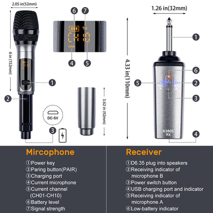 K380S Microphone Bundle Lapel Mic Microphone Video Mic UHF Handheld Wireless Microphone Mic 2 Mic & 1 Receiver For Family KTV