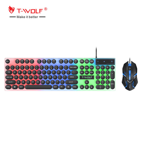 T-WOLF Professional LED Wired Gaming Keyboard and Mouse Combo Backlit Full Size 104keys Punk Keyboard Mouse for Gamer Desktop