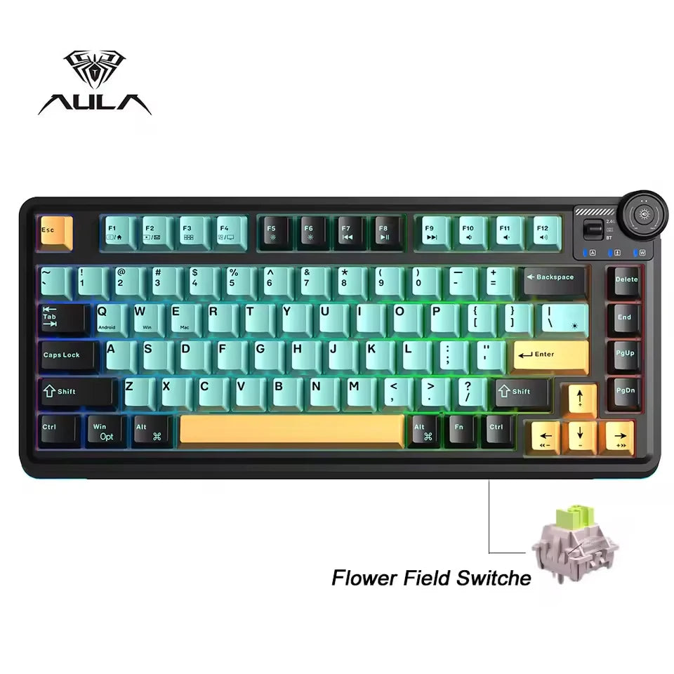 Aula AU75 Wireless Gaming Mechanical Keyboards Tri-Mode 2.4G/BT/Wired Hot Swappable With RGB Backlit Media Knob 75 Key Keyboards