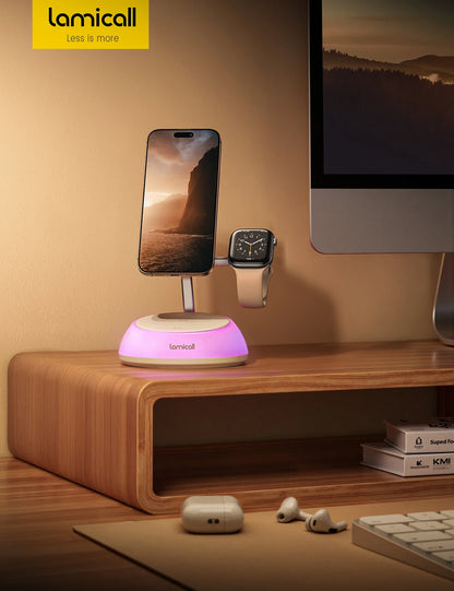 Lamicall T8L Qi2 Certified Wireless Charging Station 4in1 Magnetic Fast Wireless Charger Stand Night Light T7 Smart Phone Watch