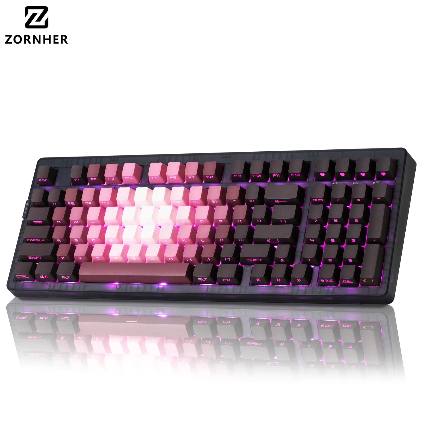Zornher ZH980 Pink Rosebush Side Engraved Mechanical Keyboard 2.4Ghz Wireless for RGB Backlit Programmable Gaming Office