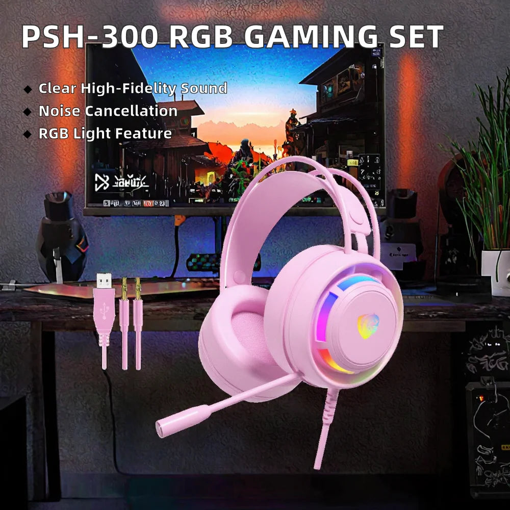 New PSH-300 Wired RGB Stereo Headphones Durable Metal Leather Esports Gaming Over-Ear On-Air Chicken Eating Features