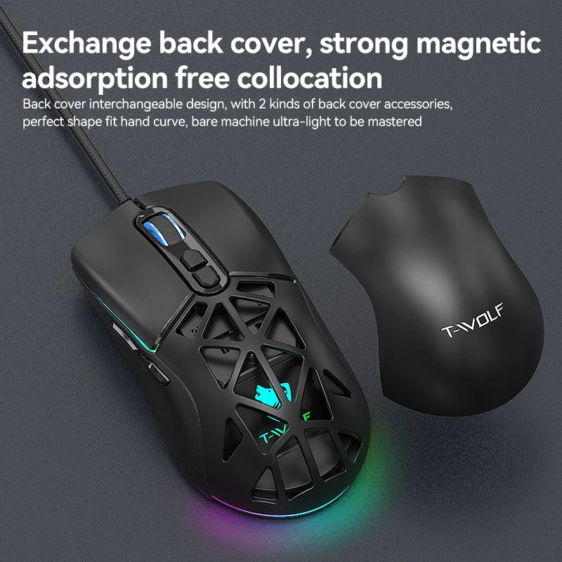 T-WOLF G520 Gaming Mouse RGB Cable Game Mouse INST 8251 Magnetic Back Cover Hole Game Mouse with Software for Laptop Pc Gaming
