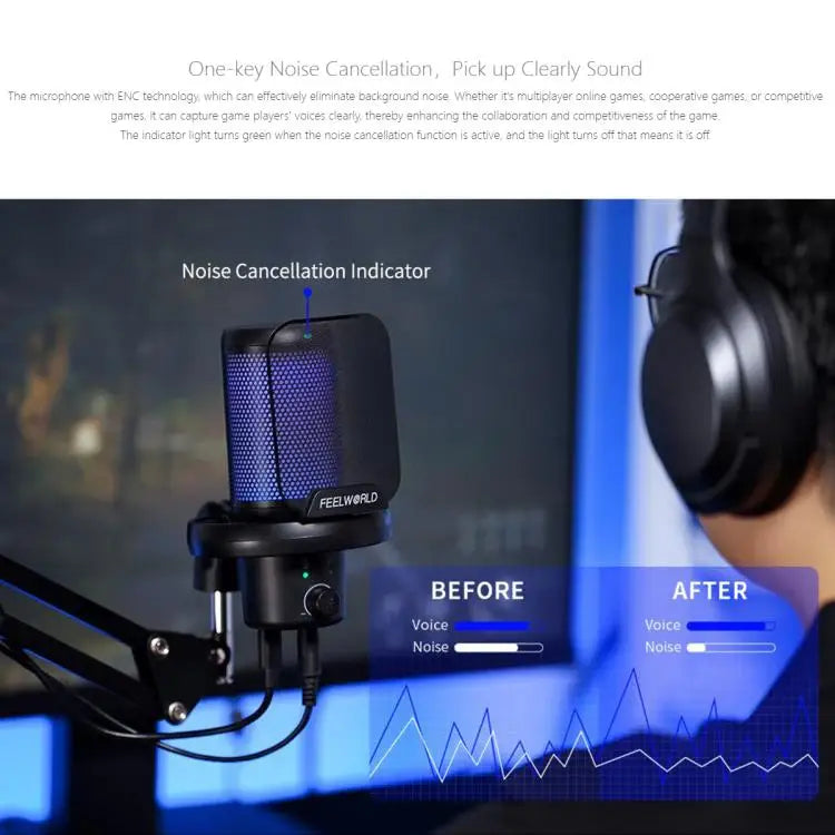Wholesale FEELWORLD VM1 USB Condenser Gaming Microphone for Streaming Noise Cancellation Mute RGB Light Boom Arm Stand