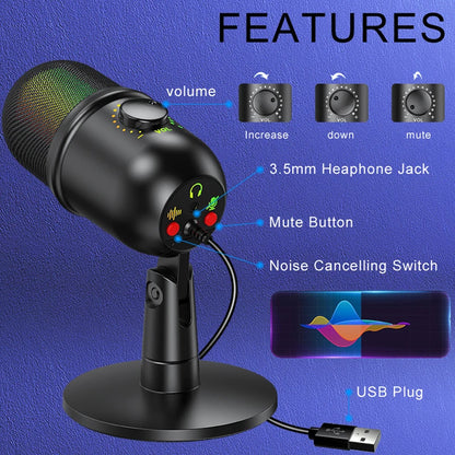Professional Recording Studio USB Condenser Microphone with Tripod Stand for Phone PC Skype Online Gaming Vlogging