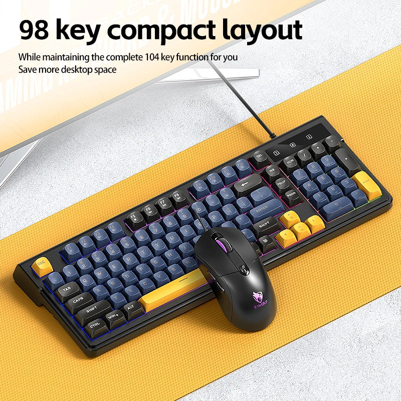 T-WOLF TF330 Wired Keyboard and Mouse Combos Gaming 98 Keys LED Backlit Keyboard 7200DPI 6D Mouse Office Gaming Set for Desktop