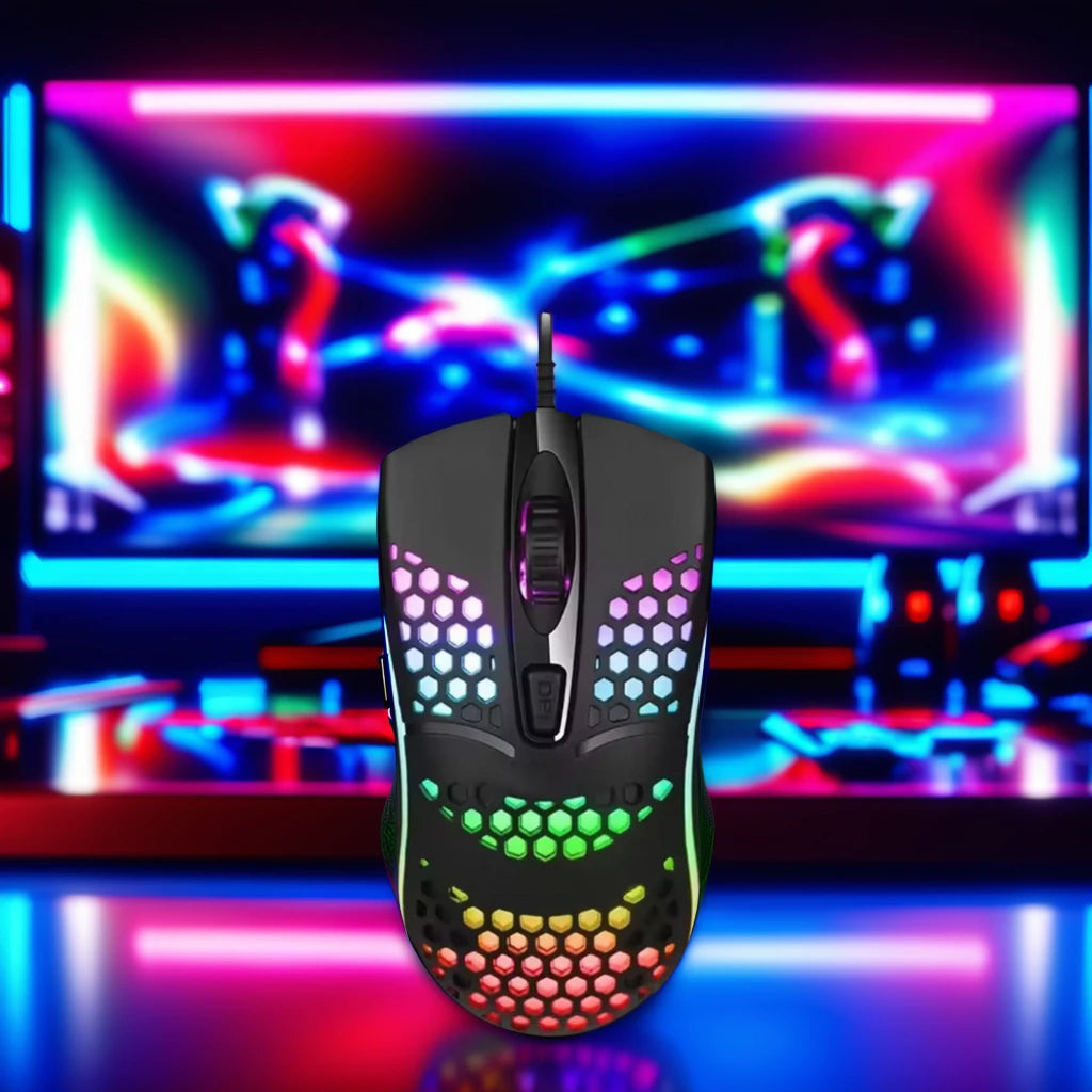 Umila Wired Gaming Mouse-Ergonomic Design with Honeycomb RGB Backlight 4D Tracking 2400DPI 1.5m USB Cable Both-Hand Orientation