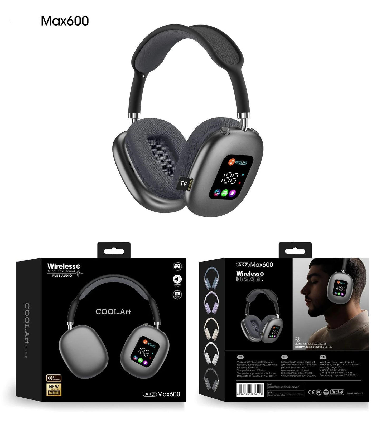 MAX600  New Wireless Over-Ear Bt Headphones with RGB Digital Display Screen Earphones and TF Card Gaming TWS HIFI Music