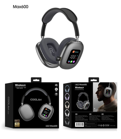 MAX600  New Wireless Over-Ear Bt Headphones with RGB Digital Display Screen Earphones and TF Card Gaming TWS HIFI Music
