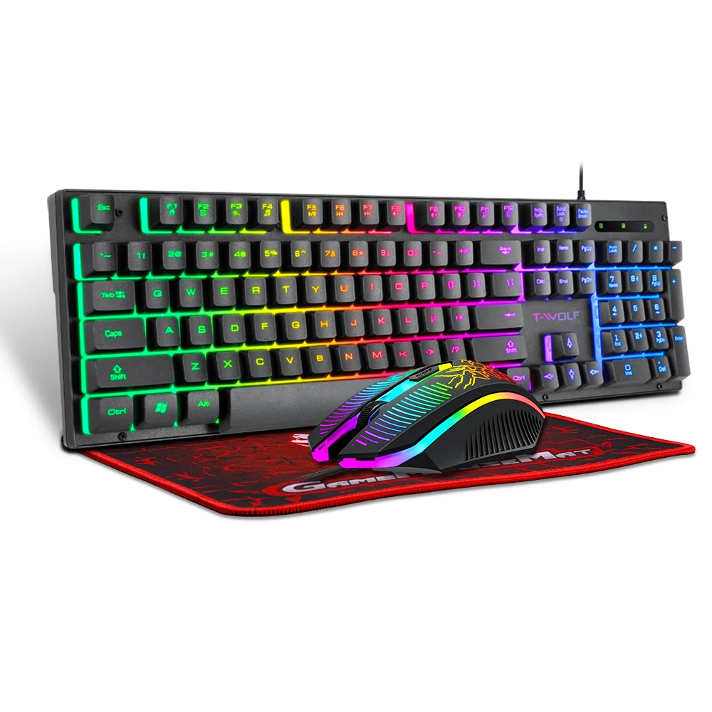 T-WOLF TF31 3IN1 Wired Gaming Keyboard and Mouse Mousepad Combo 104keys Backlit Gaming Keyboard 4D Gaming Mouse Mousepad for PC