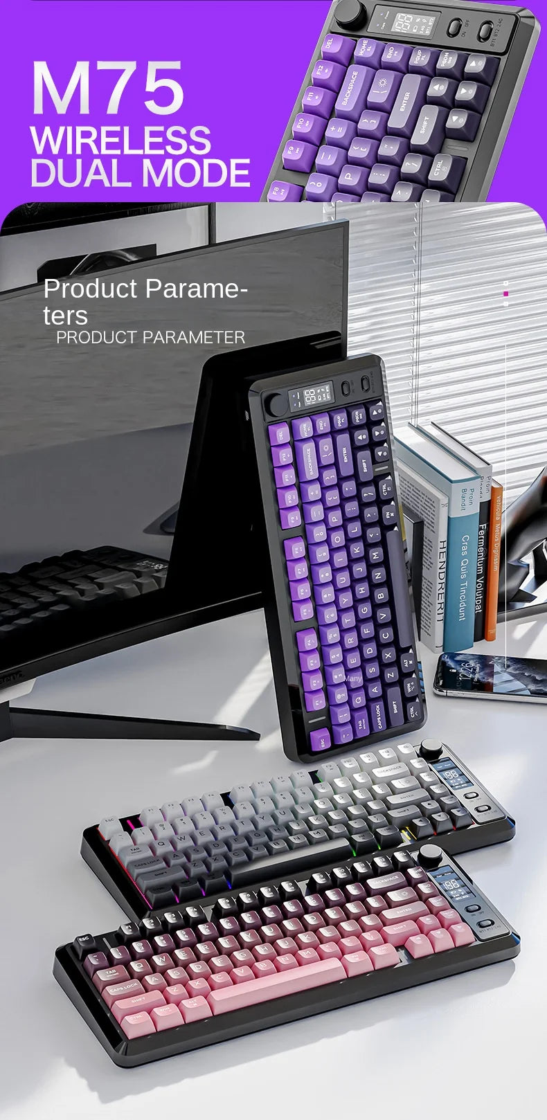 Free Wolf M75 Wireless Dual-Mode Mechanical Membrane Keyboard 87 Keys RGB Backlit Gaming E-Sports Office Use USB-C PBT