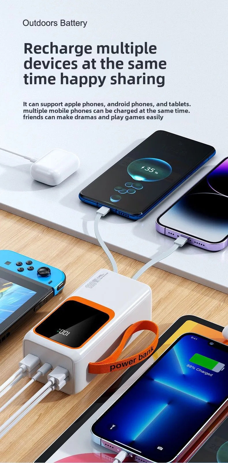 Wholesale 20000mAh Large Capacity Mobile Power Bank Custom Logo LED Display Type-C Li-Polymer Battery ABS Material Built-in 20W