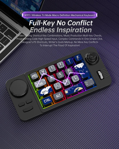 MKESPN SXS-W911 Wireless + BT + Wired Joystick Macro Definition RGB Hot-swappable Macro Definition Mechanical Gaming Keyboard