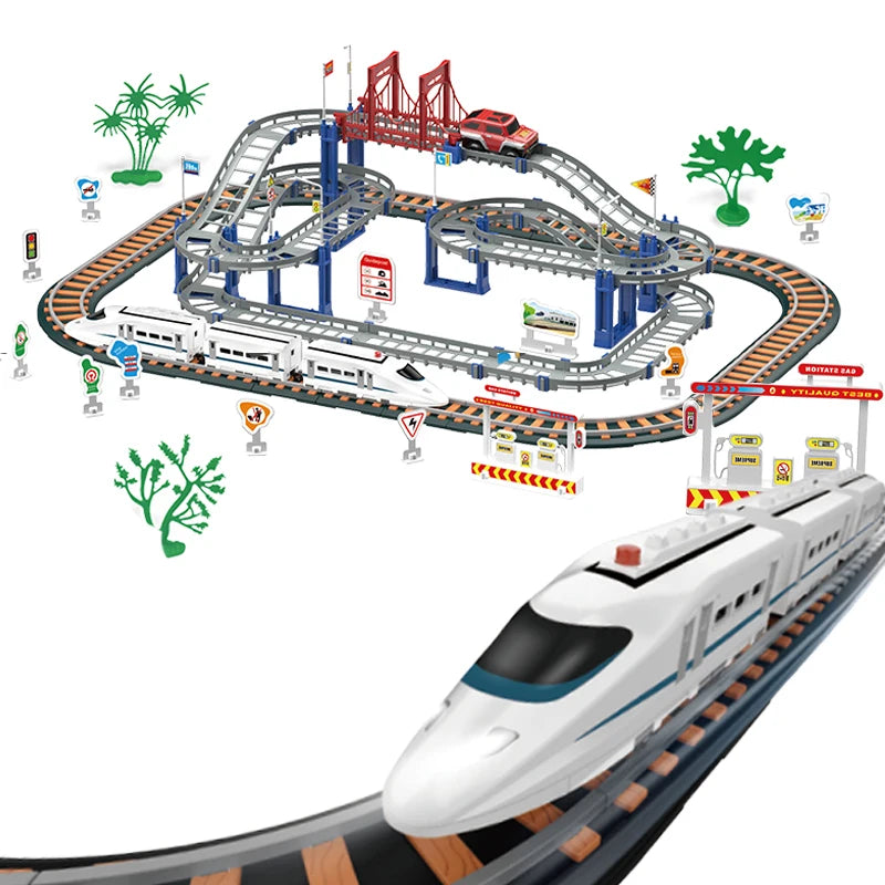 HW Train Car Sets for Toddlers Electric Toy Train Track Set with LED Bridge Electric Car and Train Sets Toys for Boys Girls Kids