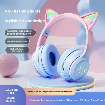 RGB Cat Ear Headphones  5.4 Wireless Gradient Color Gaming Headset with Mic for PC PS5 Switch