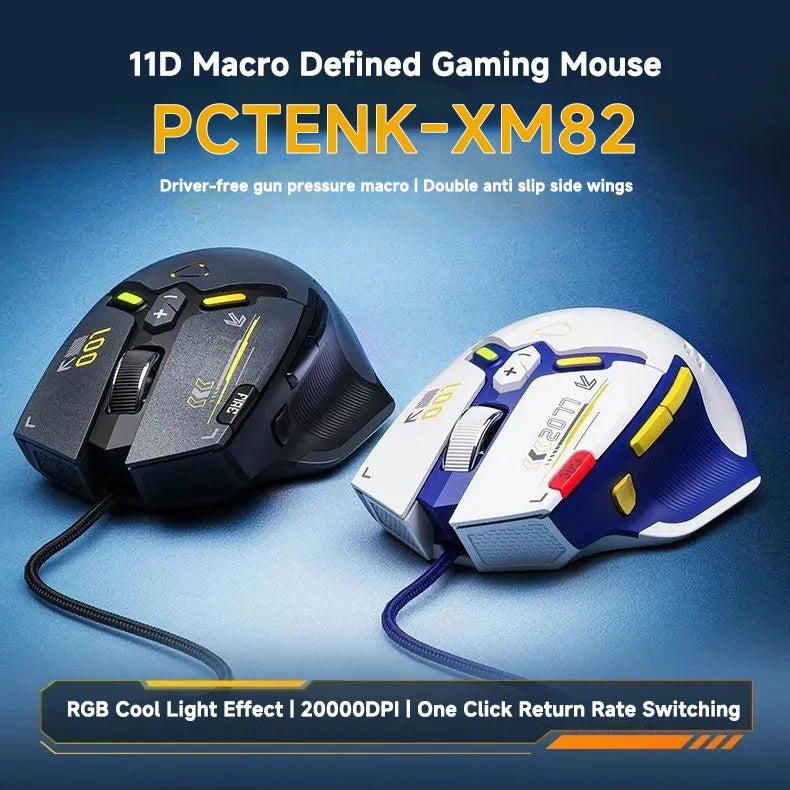 XM82 New Stock 1000 Return Rate Macro Programming Pressure Gun Mouse Game Wired Gaming Silent RGB Backlit 20000 DPI Ergonomic