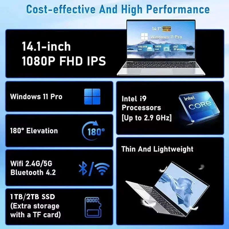 14.1" Windows 11 Laptop Intel Core i9 10980HK 4K HD Screen 16GB RAM 1TB 2TB SSD Gaming laptops PC Office Portable Computer Game