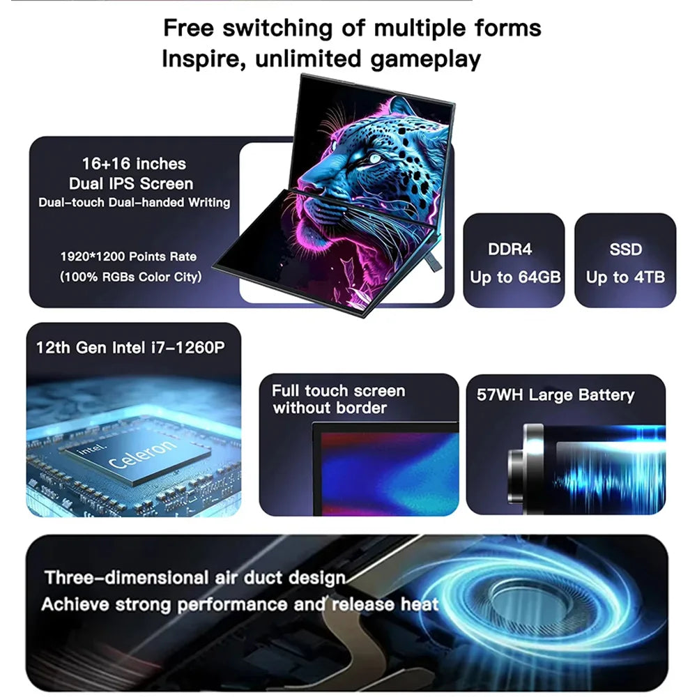 GLF-S1 laptop 16+16 inch Big Dual Screen Intel i5-12450H laptop computers camera Windows 11 DDR4 M.2 2280 2TB WIFI dual notebook