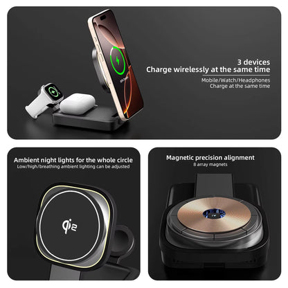 3in1 Magnetic Wireless Charger QI2 Magsafe Folding Wireless Charging Station for iphone 16 pro iWatch AirPods Wireless Charger
