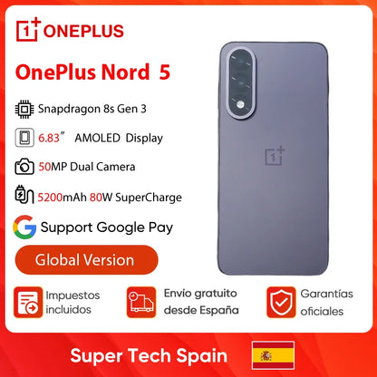Oneplus Nord 5 Smartphone 5g Snapdragon 8S Gen 3 6.83”Amoled Display 144 Hz 5200Mah 80W Supervooc Charging 50Mp Dual Cameras