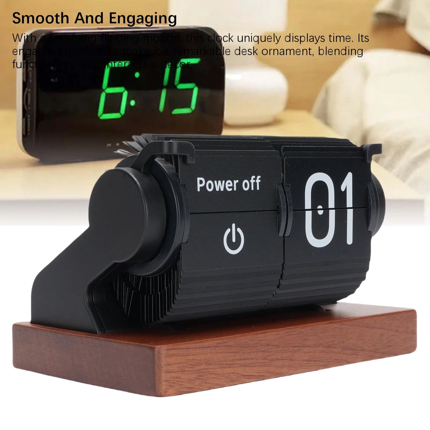 Mechanical  Clock Accurate Timer  Desk Clock Decorative Automatic Page Turning Calendar with Wood Base for Living Room