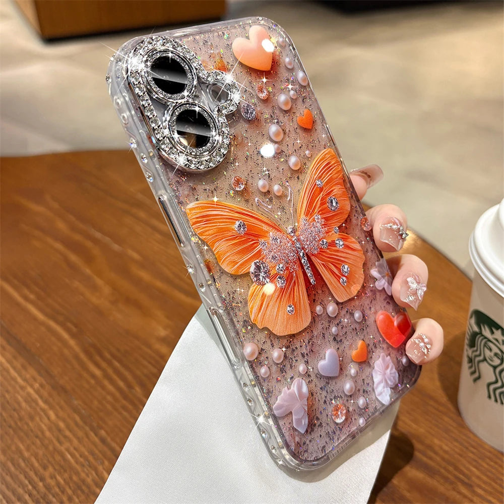 Original Orange Butterfly Glitter Clear Phone Case for iPhone 17 16 15 14 13 Pro Max Rhinestones Diamond Lens Film Frame Cover
